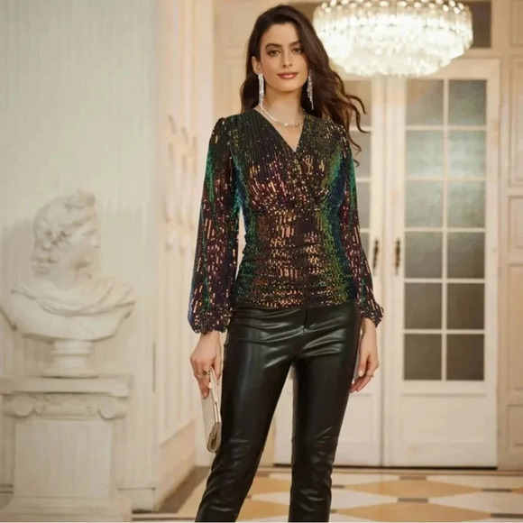 ✨ GRACE KARIN Sequin Top Long Sleeve Sparkly Dressy Tops Ruched Wrap Blouse S - Picture 1 of 10